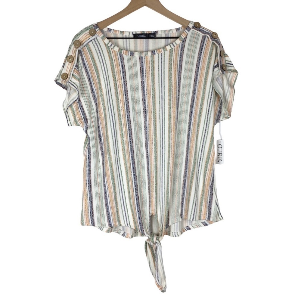 CURE Top Blouse Stripe Dolman Tie Front Button Details Neutral Size Medium NWT